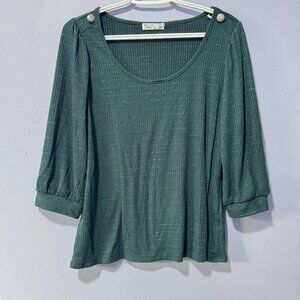 89th + Madison Womens Green Ribbed Lurex Shimmer 3/4 Puff Sleeve Top Size‎ M